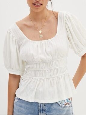 Anthropologie Maeve Smocked Peplum Square Neck Top Women’s Off White